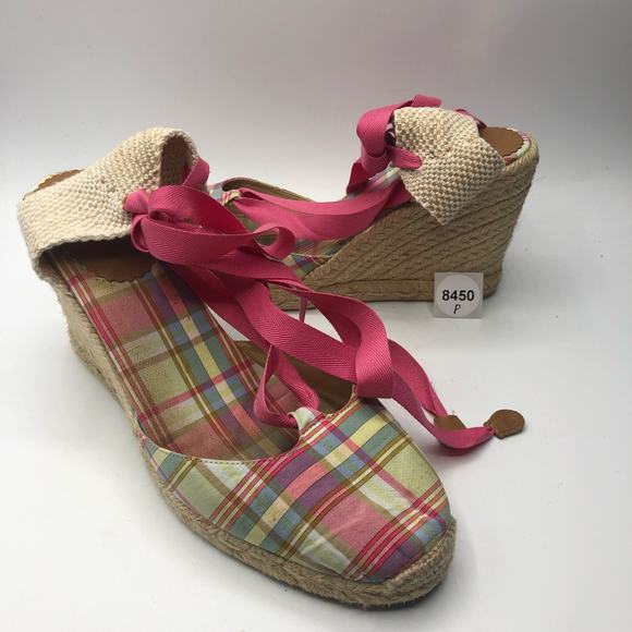 J.Crew Women's Pink Plaid Canvas Lace Up Wedges Size 9 - Picture 9 of 9